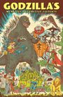 "Godzilla's Monsterpiece Theatre Presents" oben. Illustration mit Godzilla, Fabelwesen und Charakteren aus Märchen.