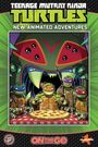 "TEENAGE MUTANT NINJA TURTLES: NEW ANIMATED ADVENTURES." Comic-Stil: Vier Schildkröten essen Pizza vor einem Monster.