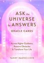 "ASK the UNIVERSE for ANSWERS ORACLE CARDS. Access Higher Guidance, Remove Obstacles & Transform Your Life. Tammy Mastroberte." Ein mystischer Hintergrund in Rosa und Lila mit einem großen Vollmond.
