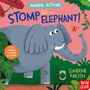 "Animal Actions: Stomp like an Elephant! With sliders to push and pull!" zeigt einen fröhlichen Elefanten mit Schmetterling.