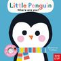 "Little Penguin, Where are you?" Text auf einem blauen Hintergrund. Eine Illustration eines Pinguins mit einem bunten Schal.