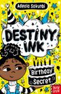 Titel: "Destiny Ink: Birthday Secret". Eine farbenfrohe Illustration mit einem Kind und einer Geburtstagstorte.