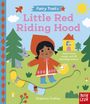 Text: "Fairy Trails: Little Red Riding Hood", "Make story magic with 8 moving sliders!", "Ekaterina Trukhan". 

Illustration: Ein fröhliches Mädchen im roten Cape, ein Wolf, ein Haus, Bäume, Sonne und Wolken.