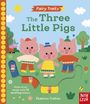 Der Text sagt: "Fairy Trails: The Three Little Pigs. Make story magic with 10 moving sliders!" Drei bunte Schweinchen, Sonne, Wolf im Hintergrund.