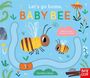 Text: "Let's go home, BABY BEE" und "Slide the bugs around the scenes!" Illustration von Bienen, Pflanzen und einem schlängelnden Pfad.