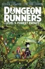 "Dungeon Runners, Level 5: Forest Frenzy". Drei Figuren in bunter Kleidung stehen in einem dichten Wald voller Lebewesen.
