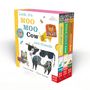 "Look, it's MOO MOO Cow and friends." Ein Buchset mit bunten Tierillustrationen: Kuh, Löwe, Eule. Links eine Biene und Schmetterlinge.