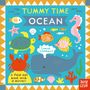 „Tummy Time Ocean“, tierische Illustrationen: Schildkröte, Wal, Seepferdchen, Krabbe, Fische in bunten Farben.