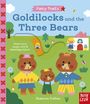 "Goldilocks and the Three Bears" von Ekaterina Trukhan, Illustration mit Bärenfamilie und einem Mädchen im Garten.