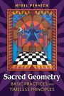 "Sacred Geometry" Illustration mit buntem geometrischem Muster, Symbolen und einem Mann in Pose.