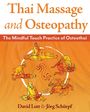 "Thai Massage and Osteopathy" oben. Darunter "The Mindful Touch Practice of Osteothai". Illustration von Massagepositionen.