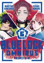 "Blue Lock Omnibus Volumes 16-18". Drei Manga-Charaktere in dynamischen Posen, mittig ein Logo mit einem stilisierten "G".