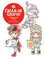 "Cells at Work! I'm Not Scared of Shots!" ist groß in einem roten Kreis geschrieben. Drei niedliche Figuren in Uniformen.