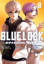 BLUEL𝗢CK Episode Nagi 8. Zwei junge Männer, einer mit weißem Haar, der andere mit lila Haar, stehen Rücken an Rücken.
