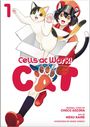 Text: "Cells at Work! CAT". Eine Illustration eines Mädchens mit Katzenohren, das eine Katze in der Hand hält.