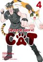 „Cells at Work! CAT“ in großen Buchstaben, darunter ein Mann in Uniform mit Katzenohren und eine springende bunte Katze.