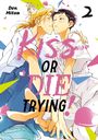KISS OR DIE TRYING! Zwei Personen in engem Kontakt, umgeben von bunten Formen und Herzen, Nummer zwei rechts oben.