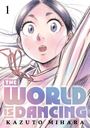 „1. THE WORLD IS DANCING KAZUTO MIHARA“ Eine erstaunte Person schaut nach oben, Pastellfarben und dynamische Linien.