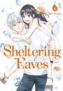 "Sheltering Eaves", Band 6, Rie Aruga. Illustration zeigt eine lachende Frau auf dem Rücken eines Mannes, umgeben von Wasserblasen.