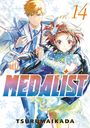"Vol. 14, MEDALIST, TSURUMAIKADA." Zwei entschlossene Figuren in Winterkleidung, umgeben von Schneeflocken.