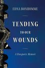 EDNA BONHOMME, TENDING TO OUR WOUNDS, A Diasporic Memoir. Dunkelblauer Hintergrund, abstrakte Muster links.
