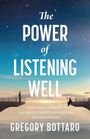 "The Power of Listening Well" von Gregory Bottaro. Zwei Menschen stehen an den Enden getrennter Brücken unter Sternenhimmel.