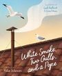 "White Smoke, Two Gulls, and a Pope" von Katie Warner, illustriert von Leah Ballard & Cora Potwin. Zwei Möwen über einem Dach.