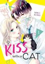 „A Kiss with a Cat 1“: Zwei Personen, eine mit Mundschutz, halten eine schwarz-weiße Katze; bunter, dynamischer Hintergrund.