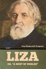 Text: "Ivan Sergeevich Turgenev", "LIZA OR, 'A NEST OF NOBLES'".  
Ein Gemälde eines älteren Mannes mit Bart.