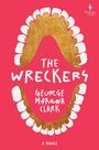 "The Wreckers. George Makana Clark. A Novel." Weiße und goldene Zahnformen auf rotem Hintergrund. Europa Editions-Logo.