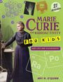 „Marie Curie and Radioactivity for Kids“. Illustration zeigt Marie Curie stehend mit wissenschaftlichem Hintergrund.