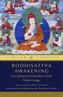 Text: "BODHISATTVA AWAKENING" - farbenfrohe Illustration buddhistischer Figuren, zentrales Bild mit Buddha.