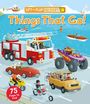 "Things That Go!" in großen, orangefarbenen Buchstaben. Illustration zeigt verschiedene Fahrzeuge, darunter ein Feuerwehrauto, Boote und Autos.