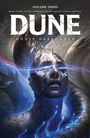 „Volume Three. Dune: House Harkonnen“ in Großbuchstaben. Hat ein futuristisch-düsteres Motiv mit blauen Lichteffekten.