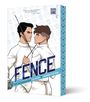 Text: "BOOK ONE," Zitat von Teen Vogue, "FENCE," Autoren: C.S. Pacat und Johanna the Mad. Zwei Fechter stehen sich gegenüber.