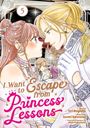 „I Want to Escape from Princess’ Lessons“ in verspielten Buchstaben. Ein Paar in eleganter Kleidung schaut sich tief in die Augen.