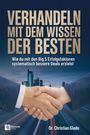 "Verhandeln mit dem Wissen der Besten" - Zwei Personen schütteln sich die Hand vor einer Skyline mit Hochhäusern.