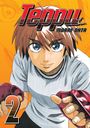 "Teppu Moare Ohta" und "2". Junge mit roten Handschuhen lächelt entschlossen, orange Hintergrund. Manga-Stil.