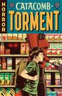 "Horror", "Catacomb of Torment". Illustration von einem Kind mit Rucksack im Supermarkt, rote Augen in Regal.