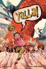 Sprechblase: "YALLA!" Kinder rennen lachend. Oben links ist ein riesiger Vogel. Entspannt, bunte Illustration.