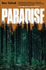 Text: Ben Tufnell, Paradise, Zitat von Amy Twigg. Illustration: Ein dichter, dunkler Wald vor orangem Himmel.