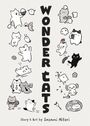 „Wonder Cats“ steht in großen Buchstaben. Süße, einfache Zeichnungen von verspielten Katzen mit verschiedenen Gegenständen.