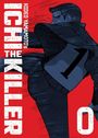 Texte: Hideo Yamamoto's Ichi the Killer 0. Illustration: Ein Mann in dunkler Kleidung tritt mit ausgestrecktem Bein.