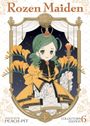 „Rozen Maiden“ steht oben. Illustration mit Mädchen, grünem Haar, Krone, Zepter, orange-goldener Kleidung und Blumen.