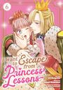 Text: "I Want to Escape from Princess' Lessons." Farbige Illustration zweier Figuren mit Kronen, nah beieinander. Rosa Hintergrund.