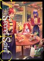 "A Tale of the Secret Saint", "Novel 5", "Written by Touya", "Illustrated by chibi". Drei Anime-Charaktere in einem Café.