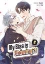 "My Bias is Showing?! Vol. 2, Story by Nabit, Art by Eol." Zwei lächelnde Figuren, eine mit Headset, halten sich zärtlich.