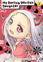 "My Darling Devilish Daughter 2" oben, "Story & Art by Sankakuhead" unten. Ein weinendes Mädchen mit Teufelshörnern, roter Hintergrund.