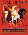 „The Iliad and The Odyssey“ in großer Schrift auf rotem Hintergrund. Drei antike Krieger auf Pferden, stilisiert und bunt.