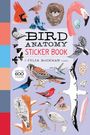 "BIRD ANATOMY STICKER BOOK" in großen Buchstaben, viele Vogelillustrationen, einige mit Details wie Nest oder Ei.